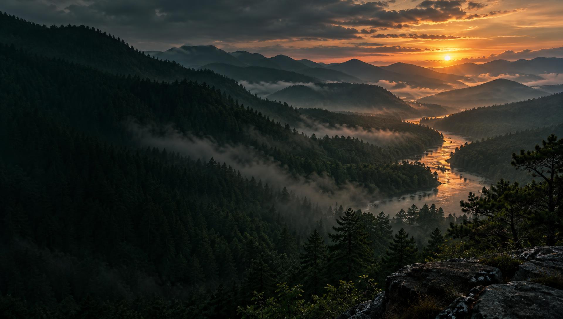 Illustrative misty forest ridges at dusk with a river catching copper light